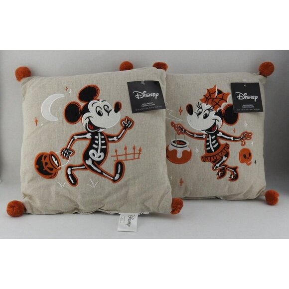2 New Disney Halloween 12"x12" Mickey Minnie Mouse Skeleton Linen Pillow Orange - Picture 1 of 5